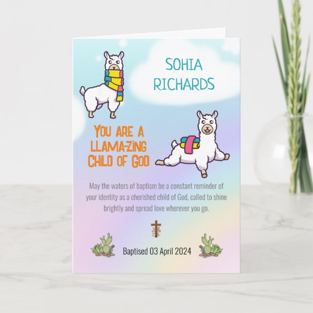Baptism Girl Cute Llama Theme Card (Front)