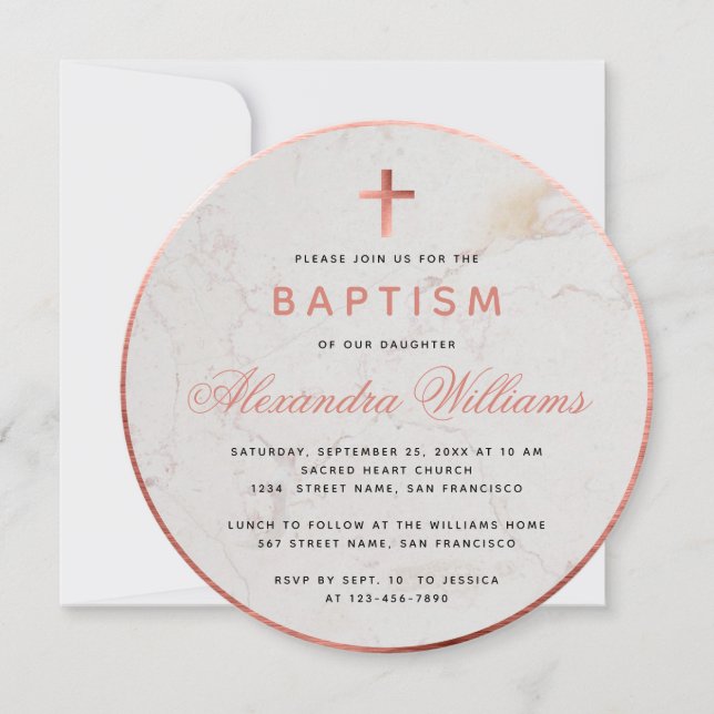 Baptism Girl Faux Rose Gold Marble Pink Script Invitation (Front)