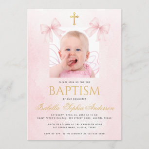 Baptism Girl Photo Pink Bows Gold Cross Watercolor Invitation