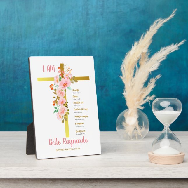 Baptism Girl Pink And Red Flowers On Crucifix Plaque (Side)