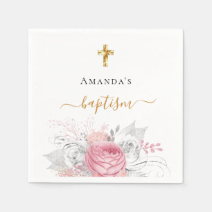 Baptism girl pink florals white elegant name napkin