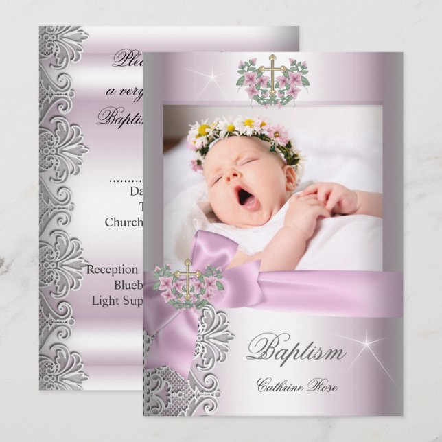 Baptism Girl Pink White Lace Photo Christening Invitation (Front/Back)