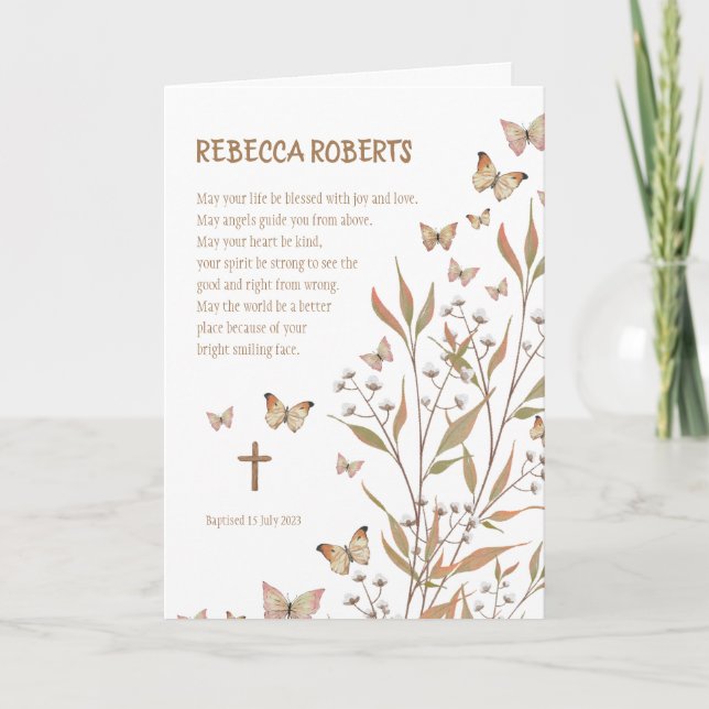 Baptism Girl Watercolour Butterflies Card (Front)
