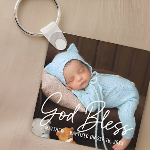 Baptism God Bless Simple Elegant Modern Baby Photo Keychain
