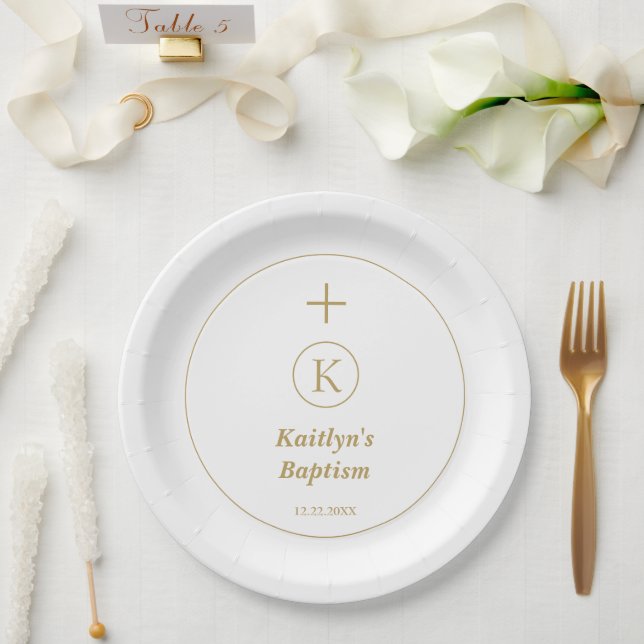 Baptism Gold White Monogram Initials Elegant Cool Paper Plate (Wedding)