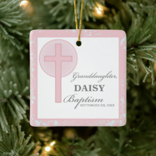Baptism Granddaughter Pink Lace Personalized Ceramic Ornament