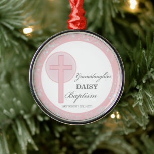 Baptism Granddaughter Pink Lace Personalized Metal Ornament
