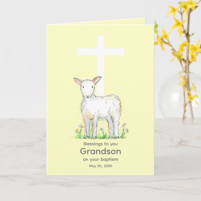 Baptism Grandson Blessings Lamb Cross Religious Card (Yellow Flower)