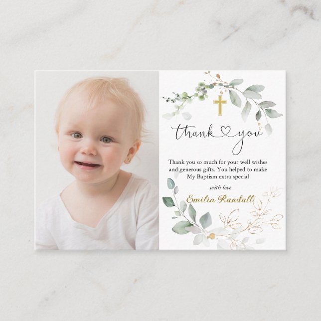 Baptism Green Gold Foliage Thank You Enclosure Card (Front)
