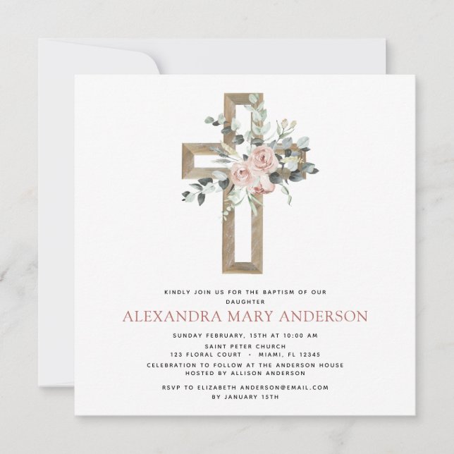 Baptism Greenery Dusty Pink Rose Cross  Invitation (Front)