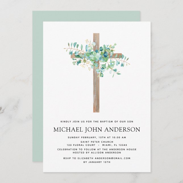 Baptism Greenery Eucalyptus Botanical Sage Invitat Invitation (Front/Back)