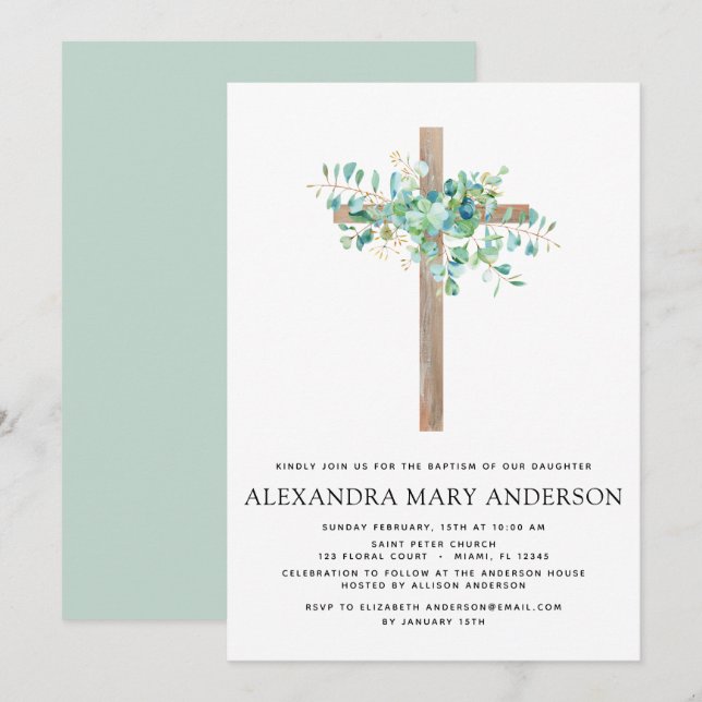 Baptism Greenery Eucalyptus Botanical Sage Invitation (Front/Back)