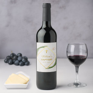 Baptism Greenery Faux Gold Fern Leaves Marble Wine Label