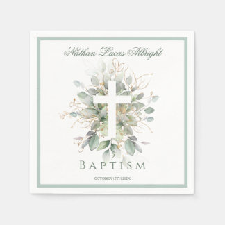 Baptism Greenery Leaves Cross Napkin
