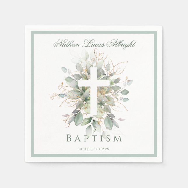 Baptism Greenery Leaves Cross  Napkin (Front)