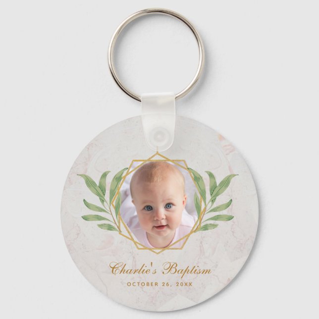 Baptism Greenery Photo Botanical Geometric Marble  Keychain (Front)