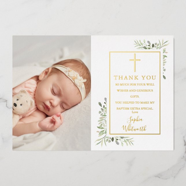 Baptism Greenery Photo Gold Foil Thank You Card (Front)