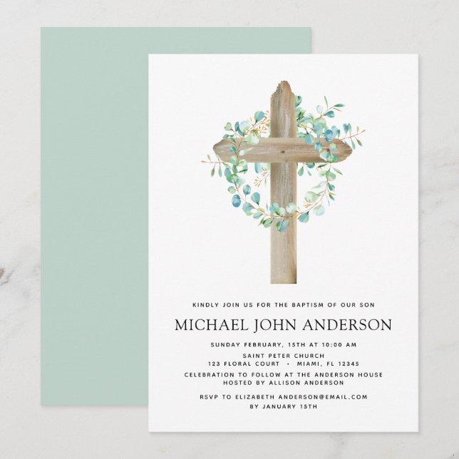 Baptism Greenery Sage Eucalyptus Wooden Cross Invi Invitation (Front/Back)