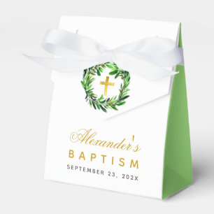 Baptism Greenery Wreath Gold Cross Gender Neutral Favor Box