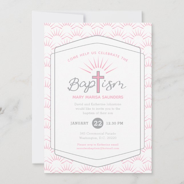 Baptism halo and cross custom photo pink invitation (Front)