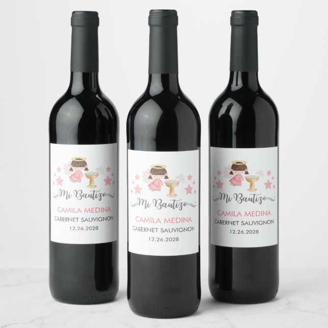 Baptism In Spanish Customizable Watercolor Angel  Wine Label (Bottles)