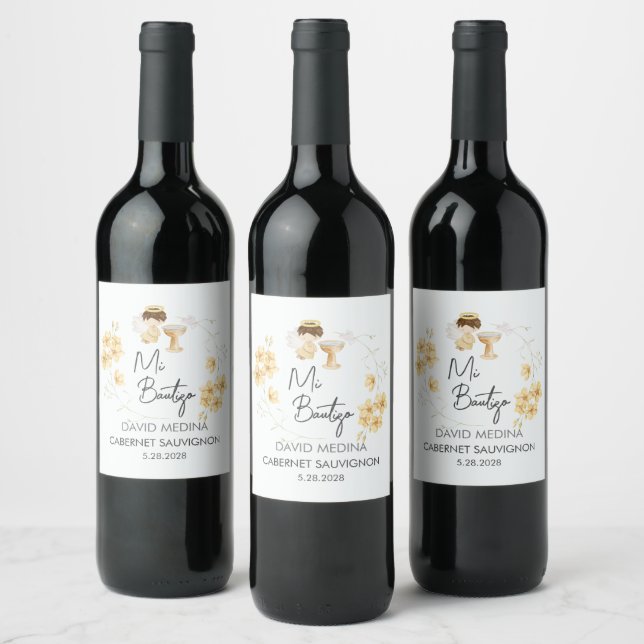Baptism In Spanish Customizable Watercolor Angel  Wine Label (Bottles)
