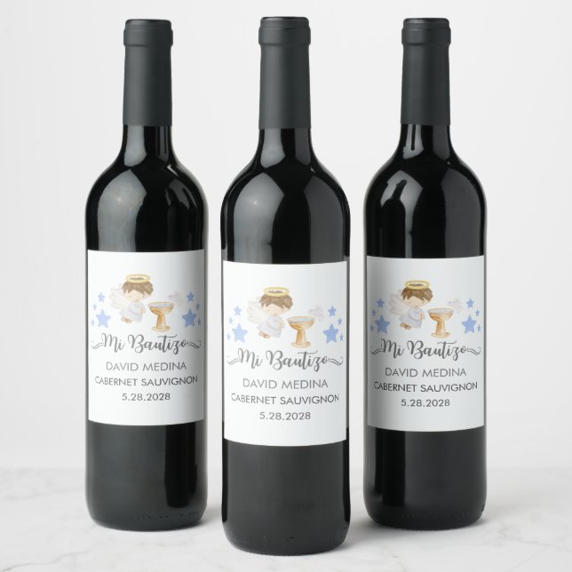 Baptism In Spanish Customizable Watercolor Angel  Wine Label (Bottles)