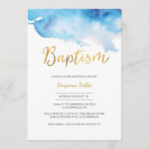 Baptism invitation   blue watercolour and gold