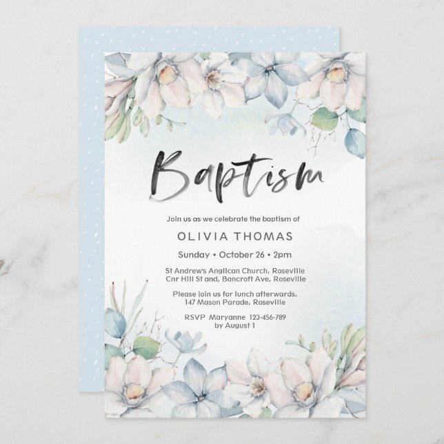 Baptism Invitation | blue winter florals (Front/Back)