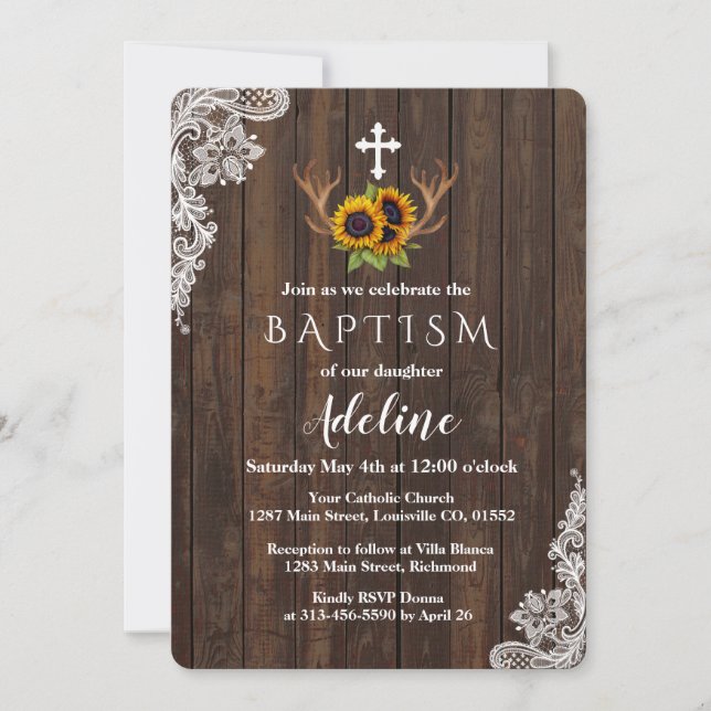 Baptism Invitation | Boho Sunflowers Antlers Lace (Front)