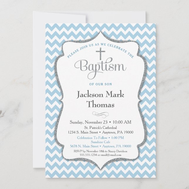 Baptism Invitation Boys Blue Grey Chevron Elegant (Front)