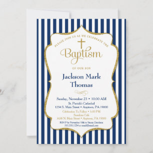 Baptism Invitation Boys Navy Blue Gold Elegant