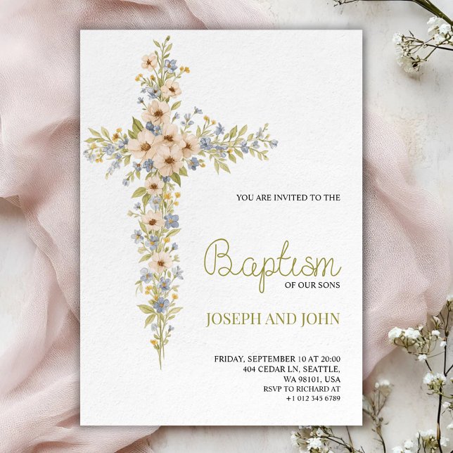 Baptism invitation card featuring a floral cross  (Creator Uploaded)