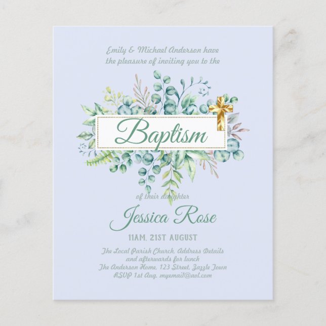 Baptism Invitation Eucalyptus Greenery BUDGET (Front)