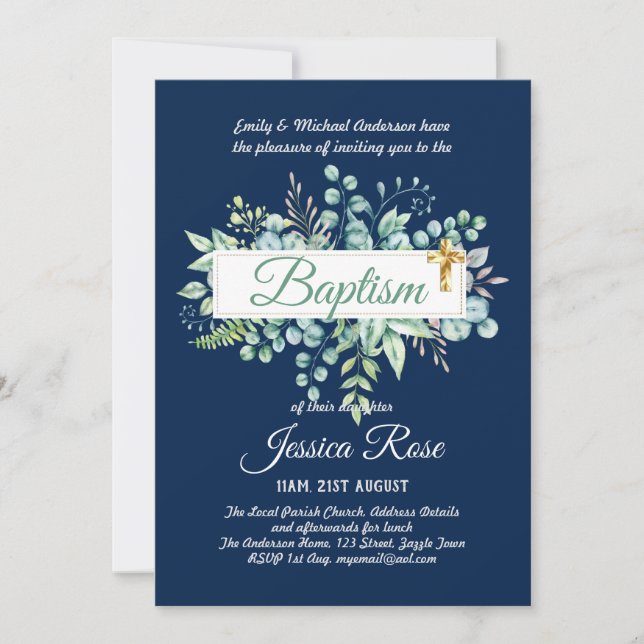 Baptism Invitation Eucalyptus Greenery BUDGET (Front)