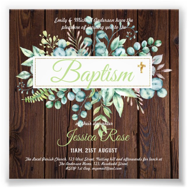 Baptism Invitation Eucalyptus Greenery BUDGET Photo Print (Front)