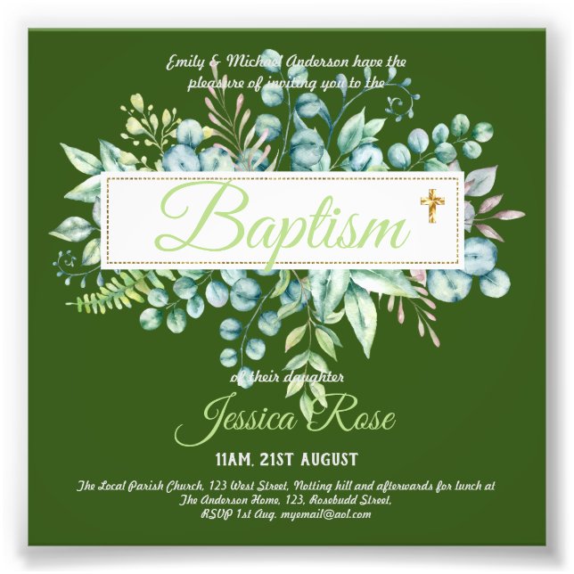 Baptism Invitation Eucalyptus Greenery BUDGET Photo Print (Front)