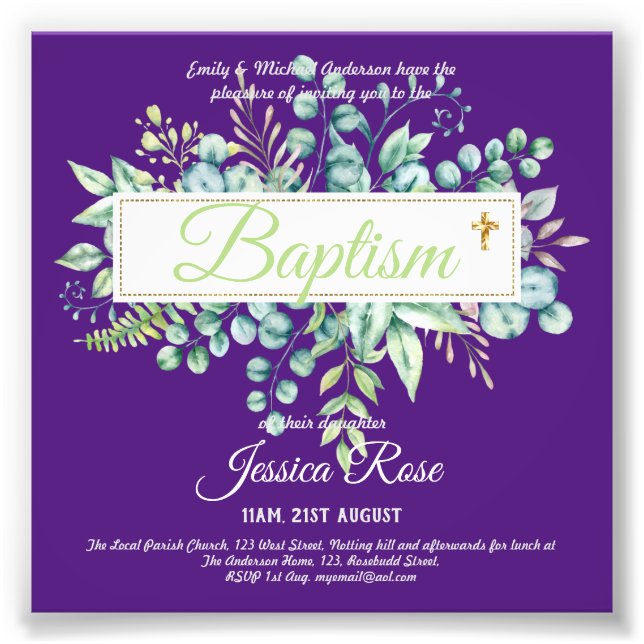 Baptism Invitation Eucalyptus Greenery BUDGET Photo Print (Front)