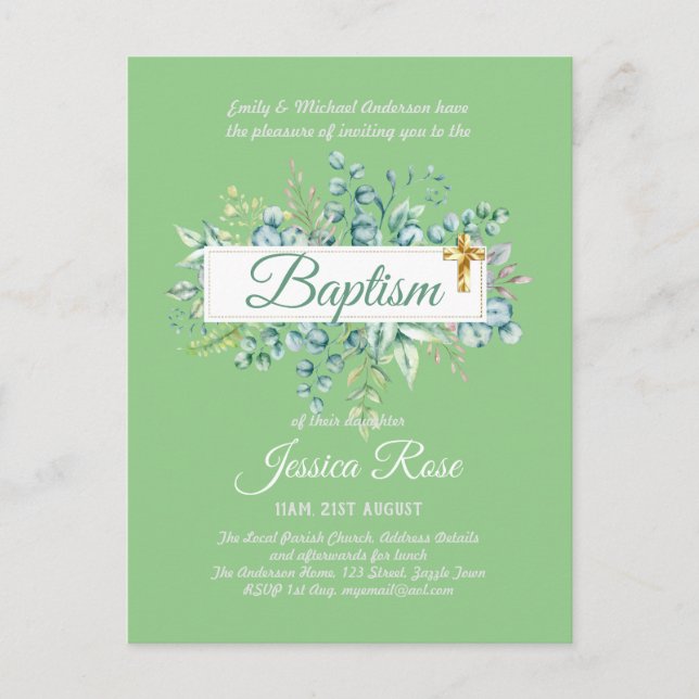 Baptism Invitation Eucalyptus Greenery BUDGET Postcard (Front)