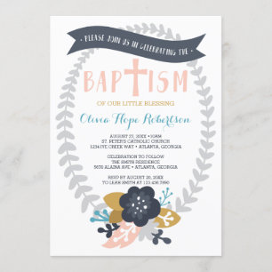 Baptism Invitation, Floral, Contemporary Baptism Invitation