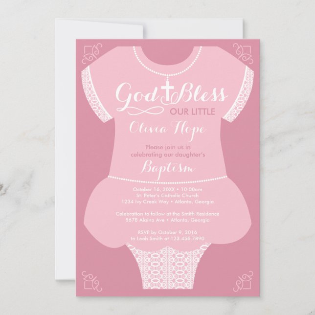 Baptism Invitation for a Girl, Pink and Lace Dress (Front)