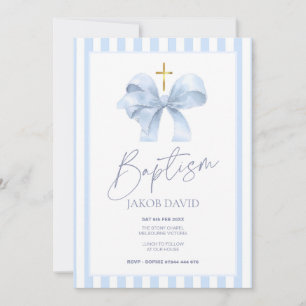 Baptism Invitation for Boy, Blue Bow & Striped