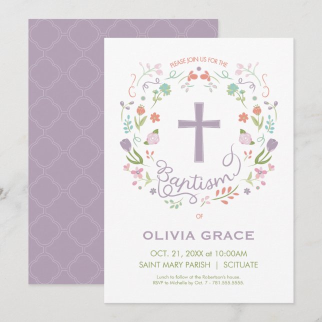 Baptism Invitation for Girl - Pretty, Custom (Front/Back)