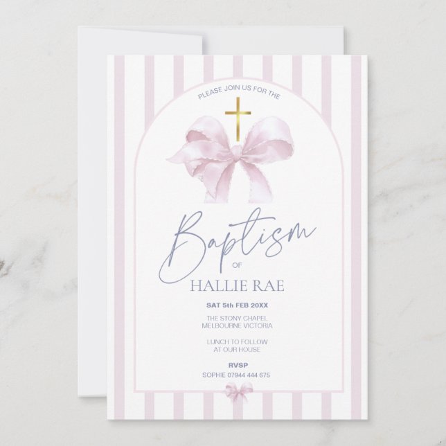 Baptism Invitation Girl, Modern Pink Bow & Gold (Front)