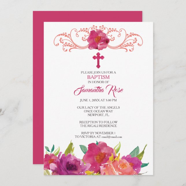 BAPTISM INVITATION, Girl, Pink Roses Invitation (Front/Back)
