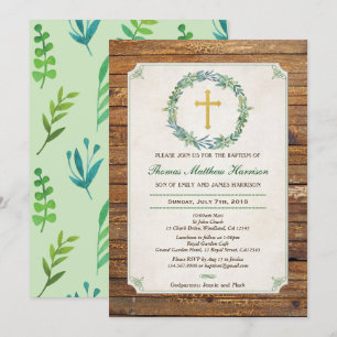 Baptism invitation. Green wreath rustic wood Invitation
