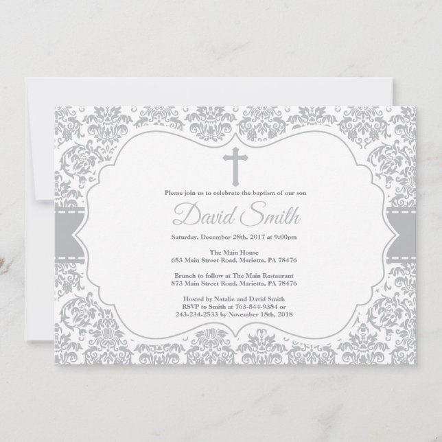 Baptism Invitation Grey Damask (Front)
