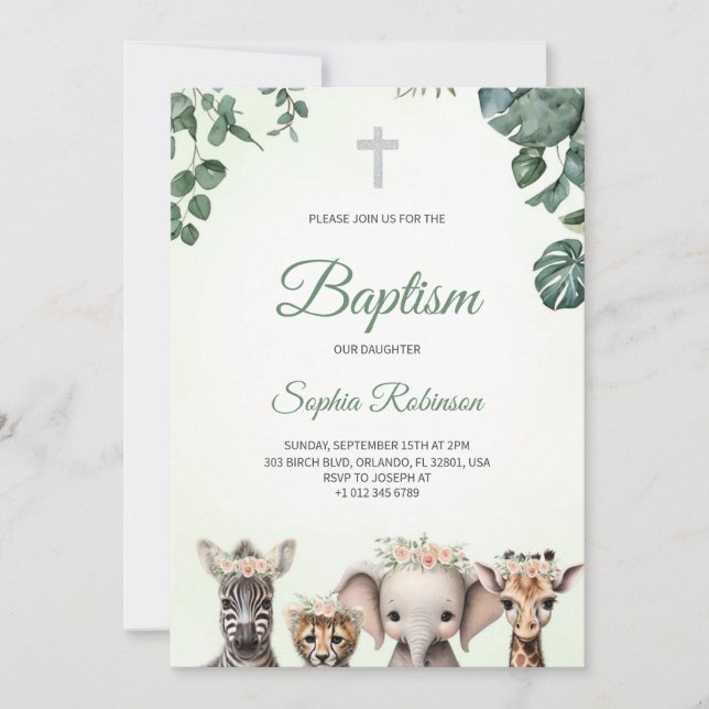 Baptism invitation in watercolour jungle themed  (Front)