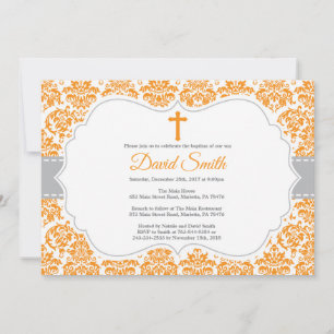 Baptism Invitation Orange and Grey Damask