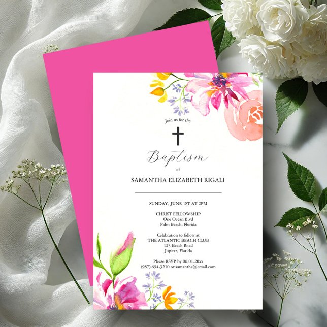 Baptism Invitation Pink Watercolor Flowers (Girl baptism invitations watercolor flowers art by Victoria Grigaliunas Do Tell A Belle)